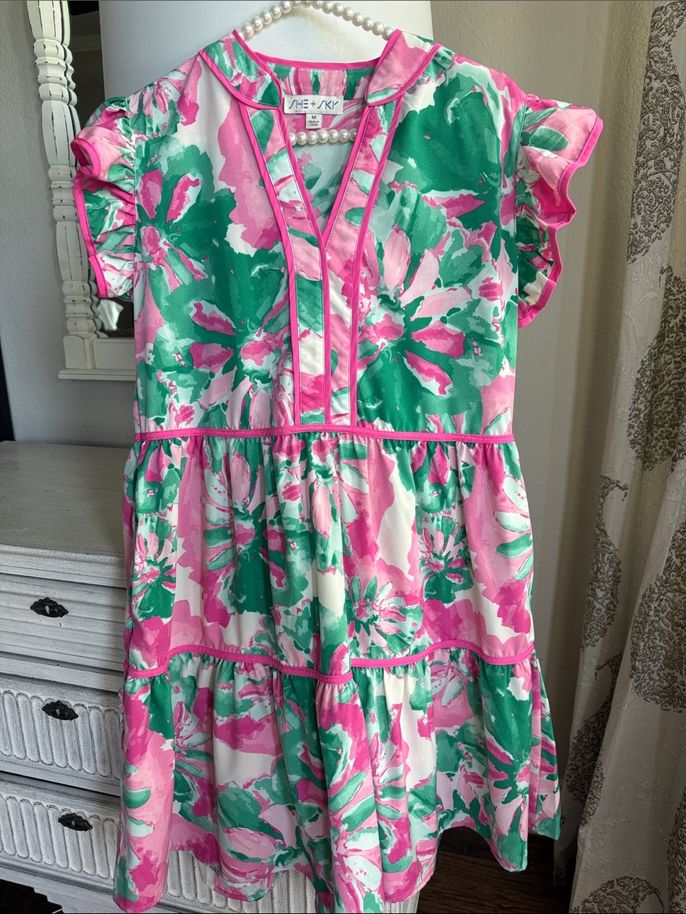 She + Sky Pink, Green & White Floral Tiered Dress